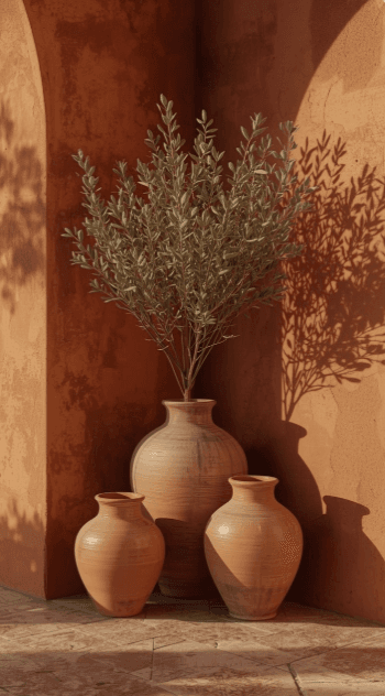 Terracotta vessels and an olive branch against warm plaster